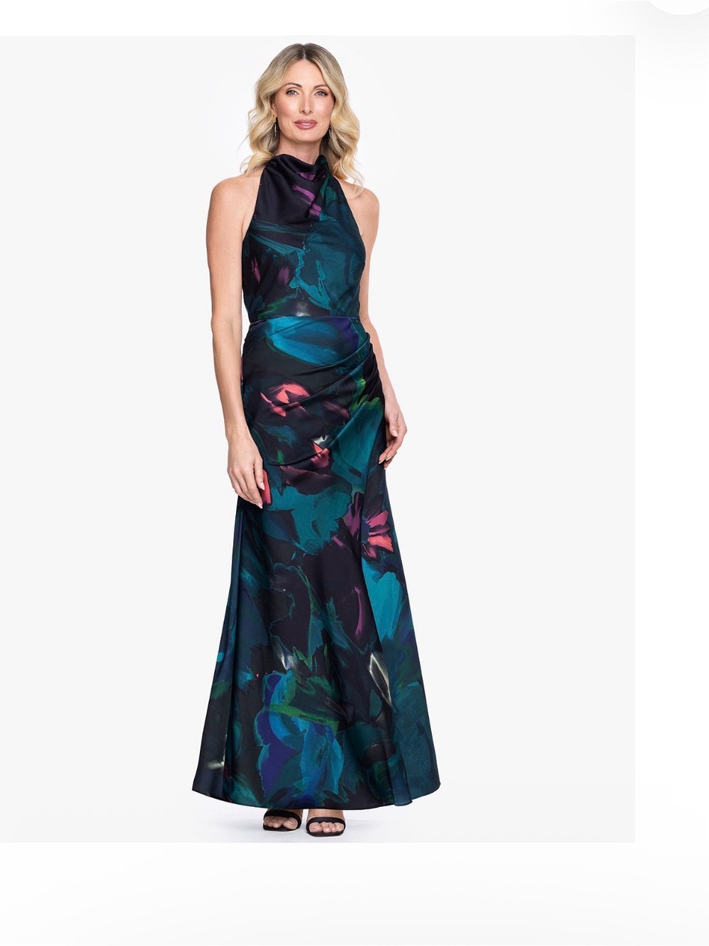 Betsy & Adam Size 2P NWT River Teal Floral Satin Halter Formal Gown GALA MOB/MOG